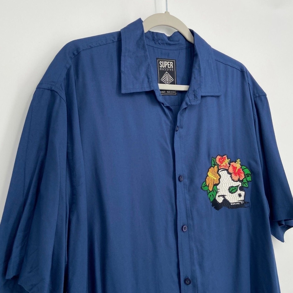 Super Massive Skull Island Mens Woven Shirt Large Blue Hibiscus Tropical Flower